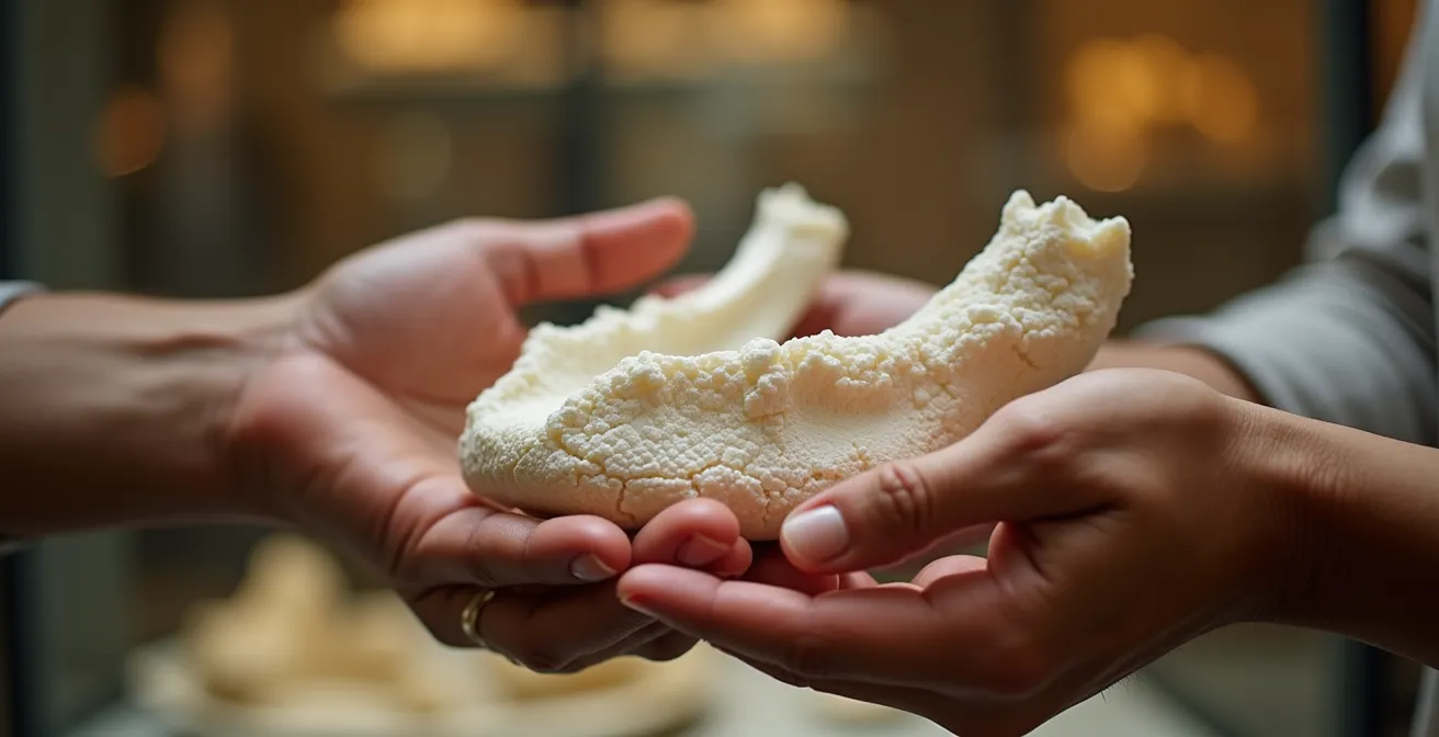 Museum visitor examining a 3D printed dinosaur skull replica through protective glass