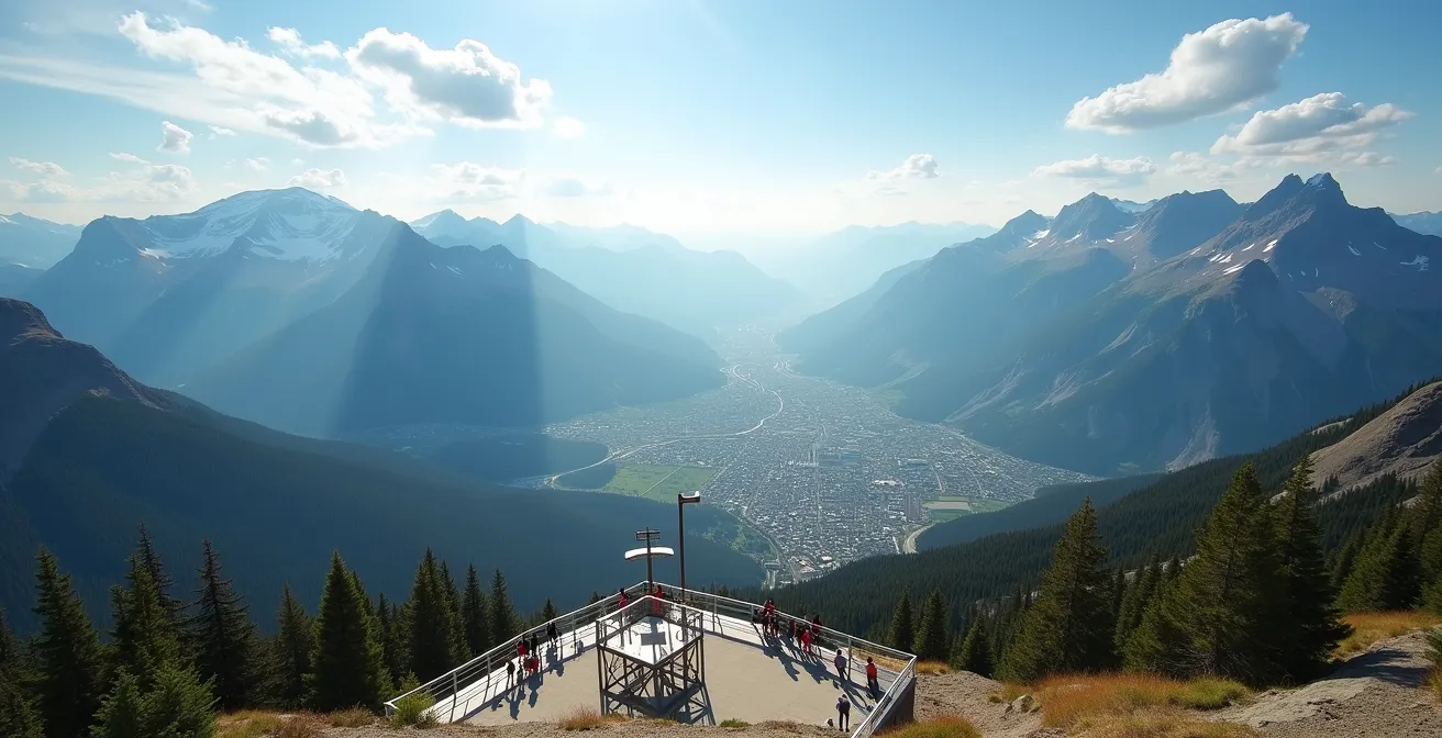 Panoramic view from Sulphur Mountain showing Banff townsite and Bow Valley from above