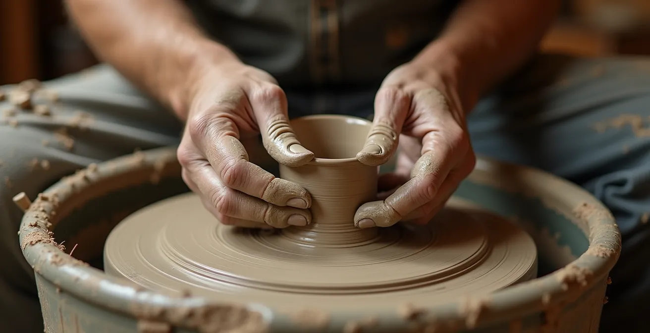 Close-up of artisan hands working on traditional Alberta pottery with tools and materials visible