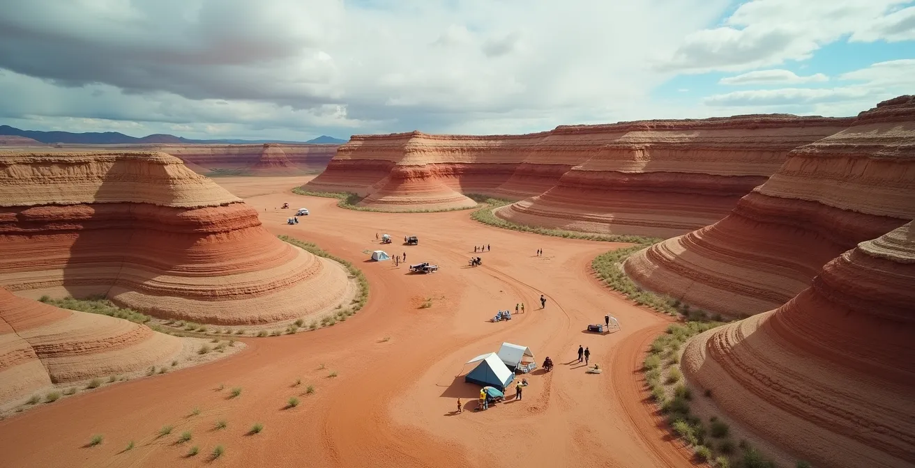 Aerial view of paleontological excavation site in Alberta badlands with research equipment