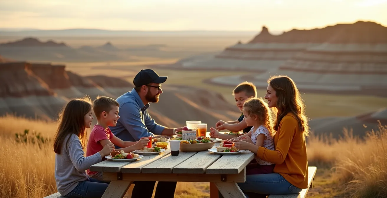 Family enjoying packed lunch with panoramic badlands view near museum