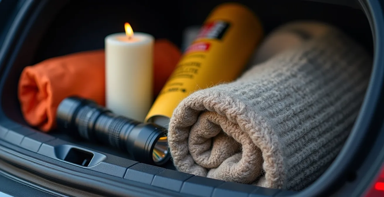 Emergency survival kit organized in car trunk for Alberta mountain driving