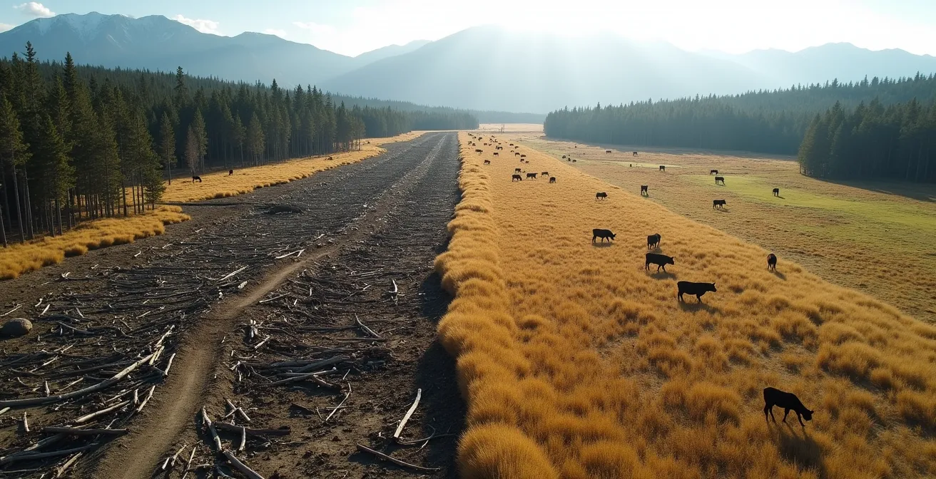 Split view showing clearcut logging area versus sustainably grazed ranchland in Alberta foothills