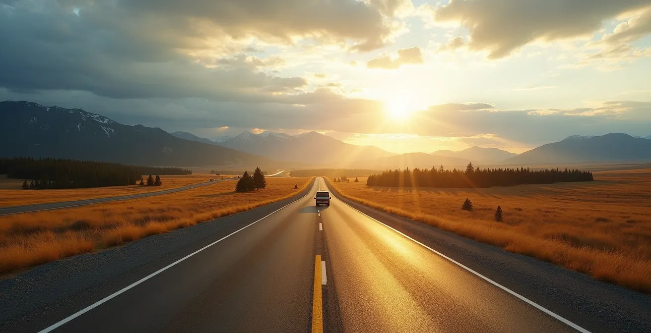 Wide scenic view of Highway 16 stretching toward Rocky Mountains