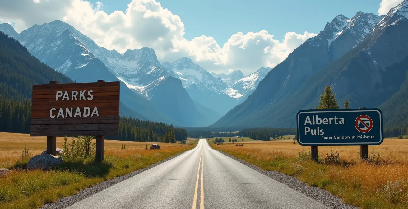 Split view showing contrasting park entrance signs and landscapes between Banff National Park and Kananaskis Provincial Park