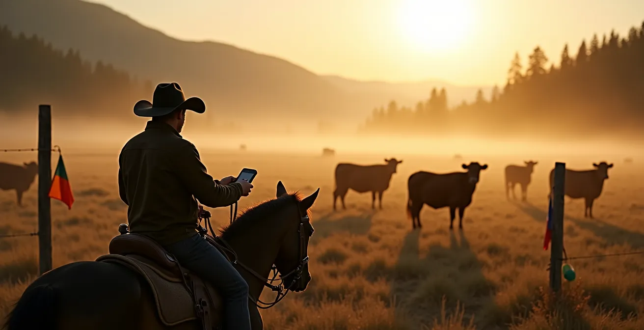 Range rider on horseback monitoring cattle herd at dawn in Alberta foothills