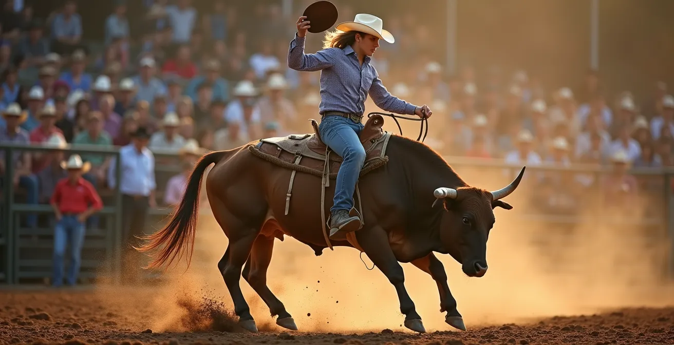 Bull rider mid-action at Alberta rodeo with crowd in background