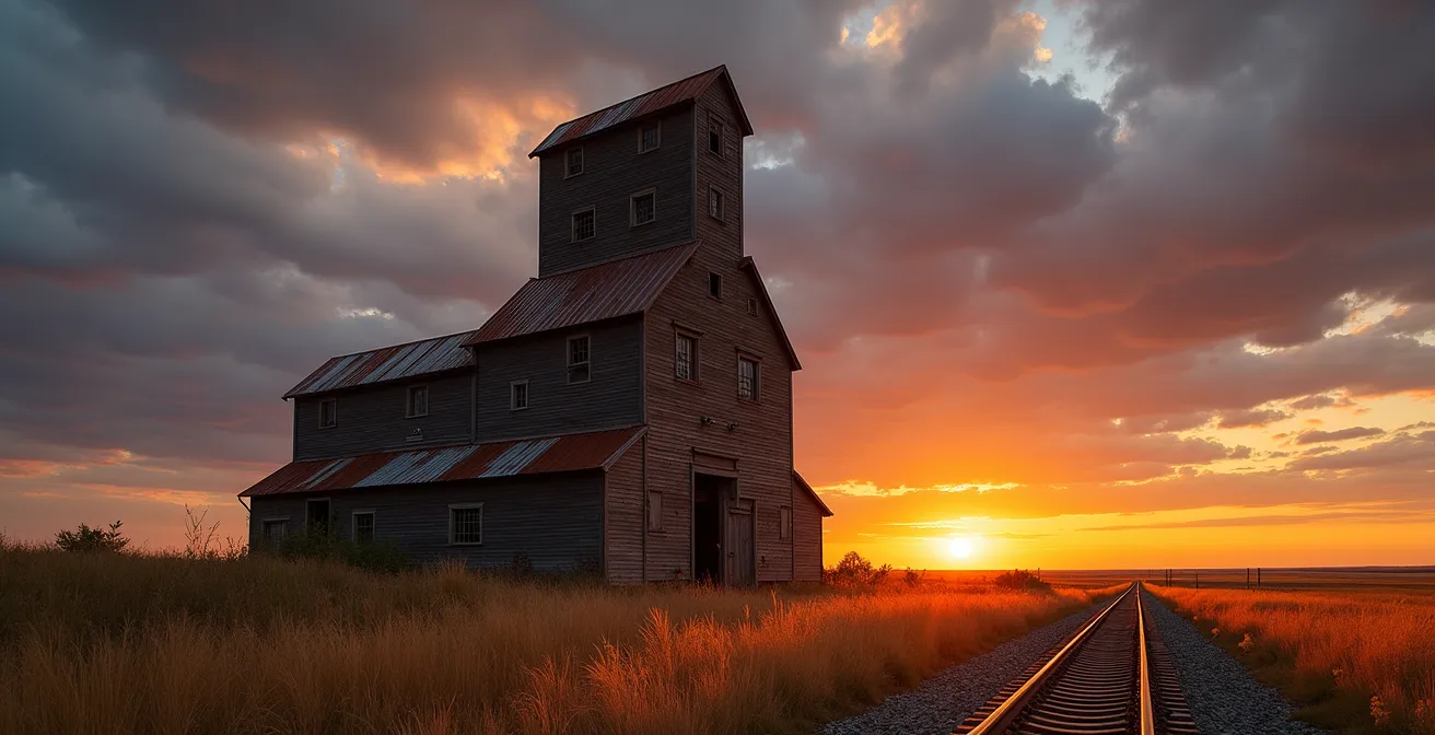 Historic grain elevator standing tall against prairie sky at sunset