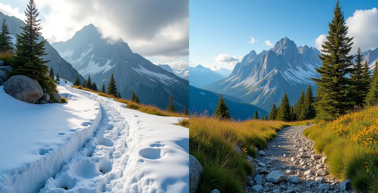 Split view of an alpine trail, with the left side showing it covered in deep snow in June and the right showing it clear and rocky in late July.
