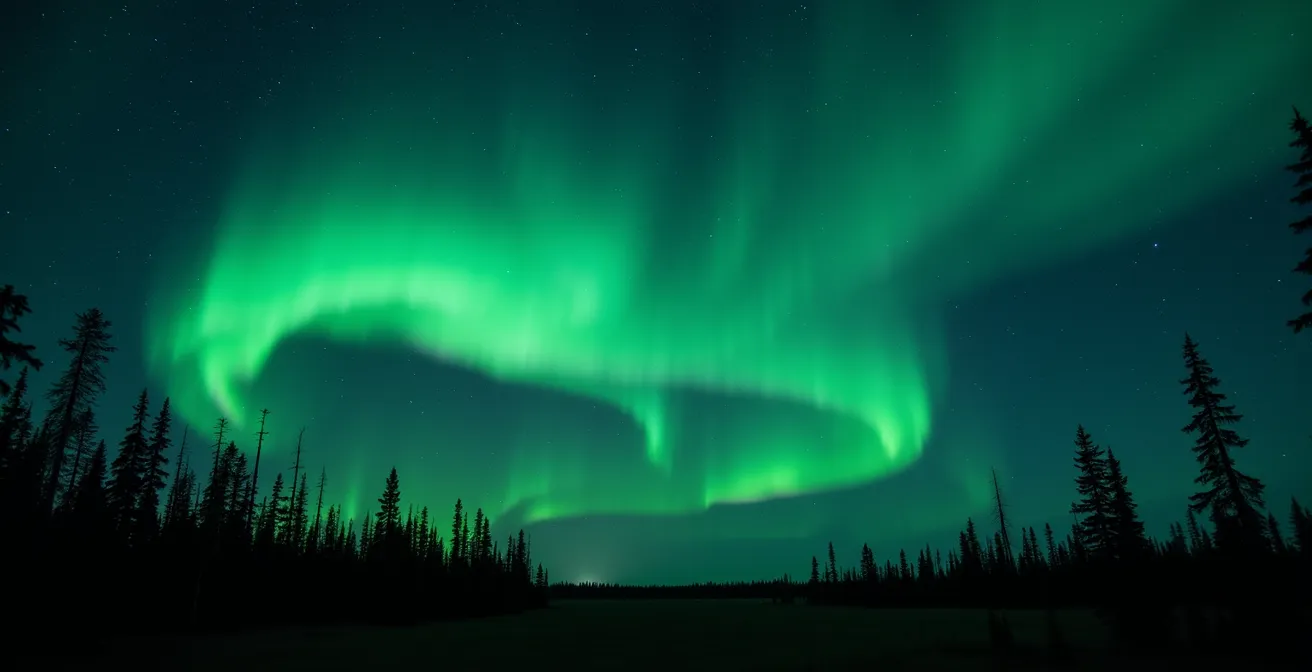 Wide angle view of northern lights dancing above dark spruce forest silhouettes