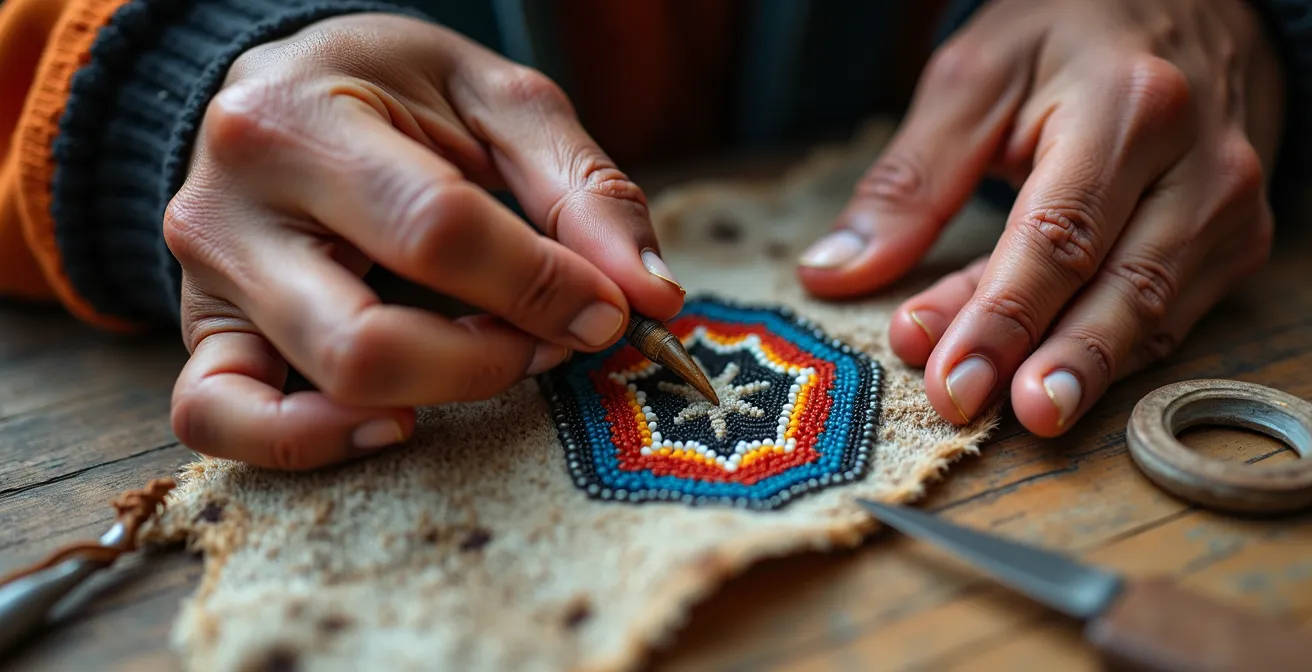 Close-up of Indigenous artisan's hands creating traditional beadwork