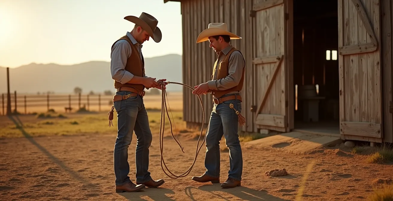 Historic ranch scene with cowboys working near traditional wooden barn