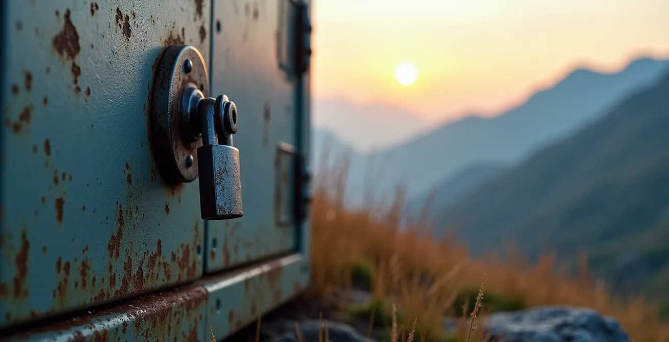 Metal bear-proof food storage locker at an alpine campsite with mountain backdrop