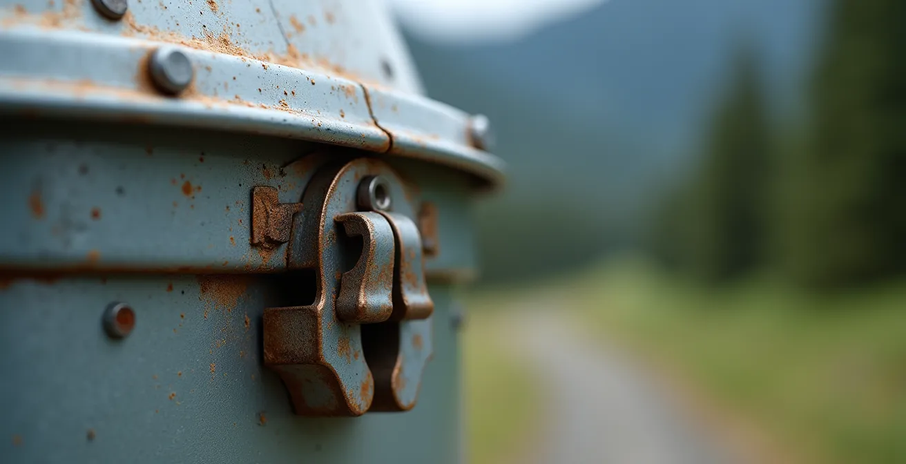 Close-up detail of bear-resistant waste bin latch mechanism with mountain wilderness background