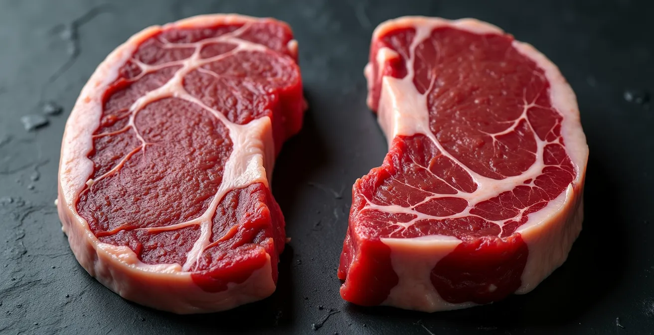 Extreme close-up comparison of AAA and Prime beef marbling patterns, showing the higher density in Prime.