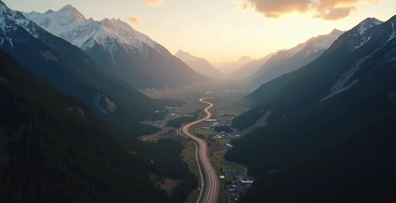 Aerial perspective of mountain valley showing natural park boundaries with roads winding through