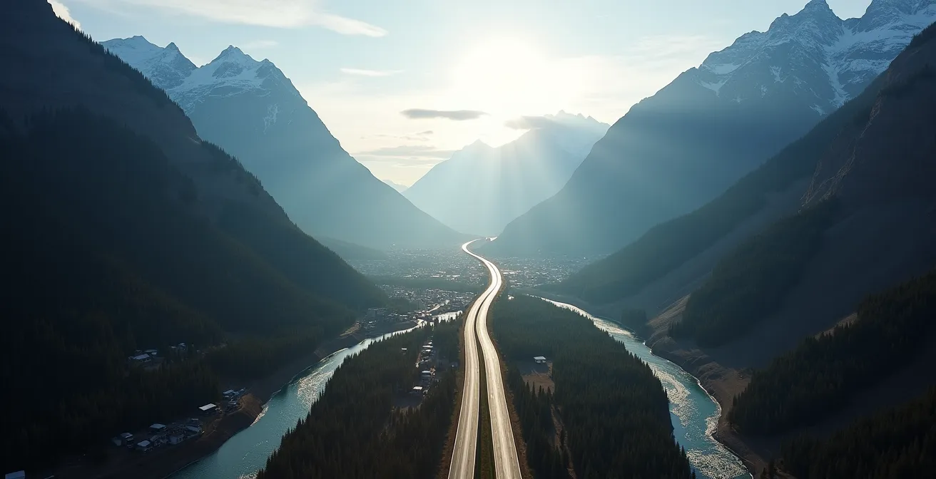 Aerial view of the Bow Valley's natural funnel between mountains, showing the town of Canmore and the Trans-Canada Highway.