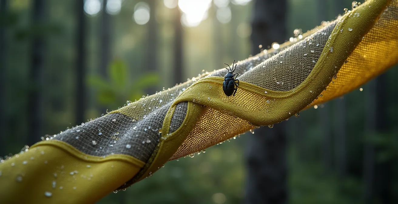 Macro shot of protective outdoor gear with mosquito netting against boreal forest backdrop