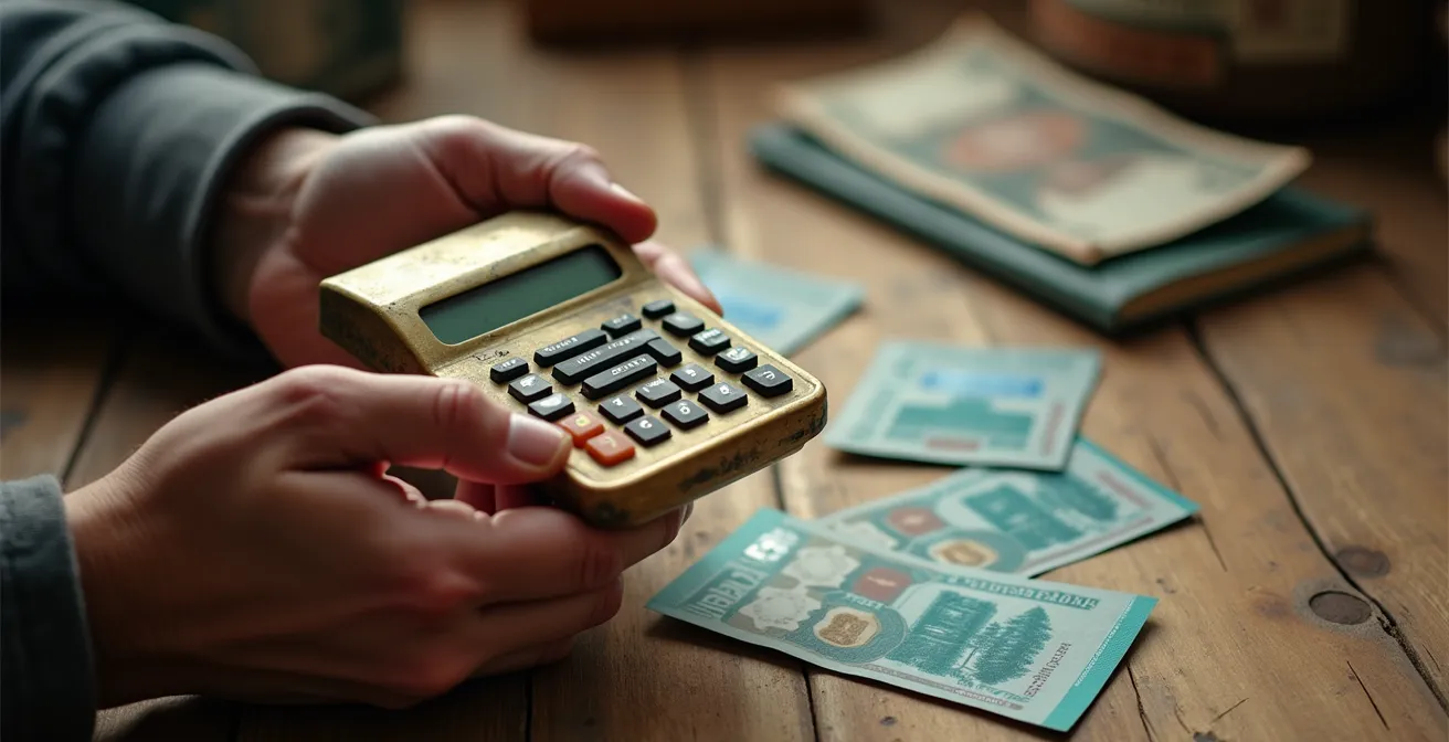 Hands holding calculator with park pass cards and Canadian money on wooden table