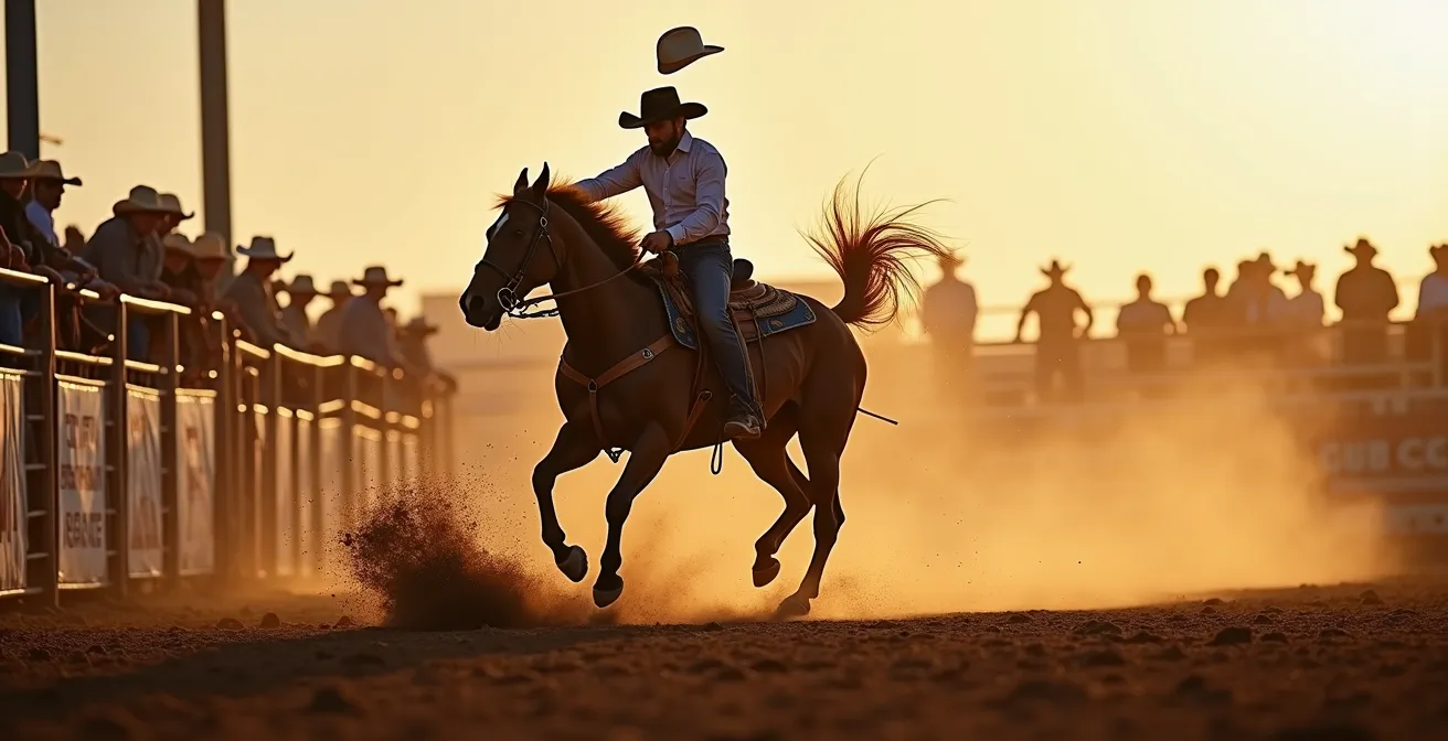 Dramatic rodeo action showing cowboy on bucking bronc with crowd in background