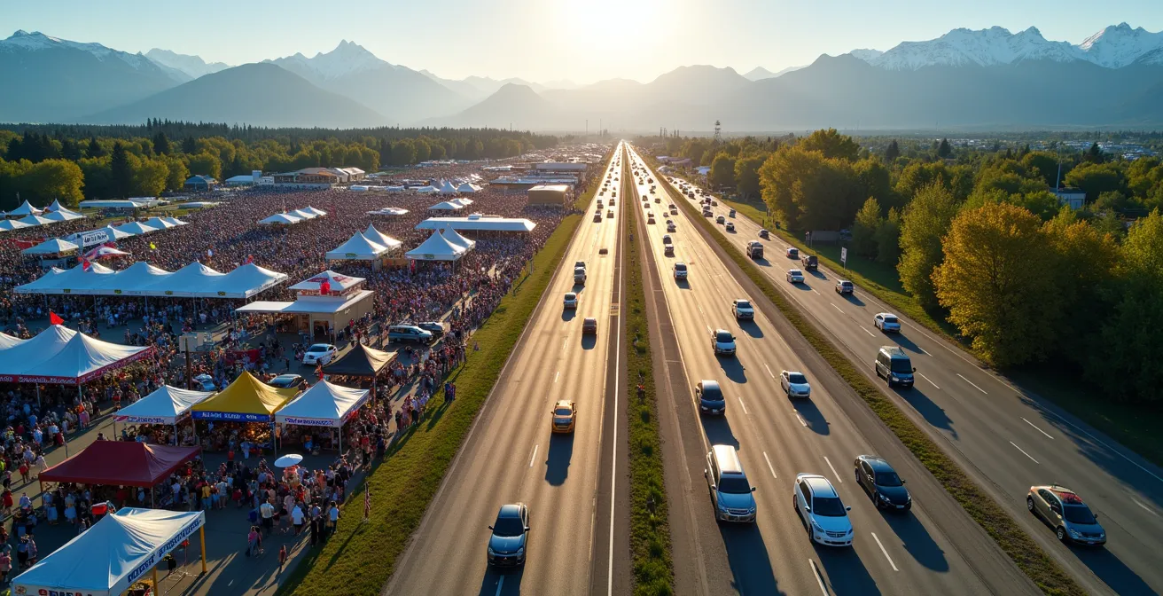 Aerial view of crowded Calgary Stampede with mountain backdrop showing tourism flow
