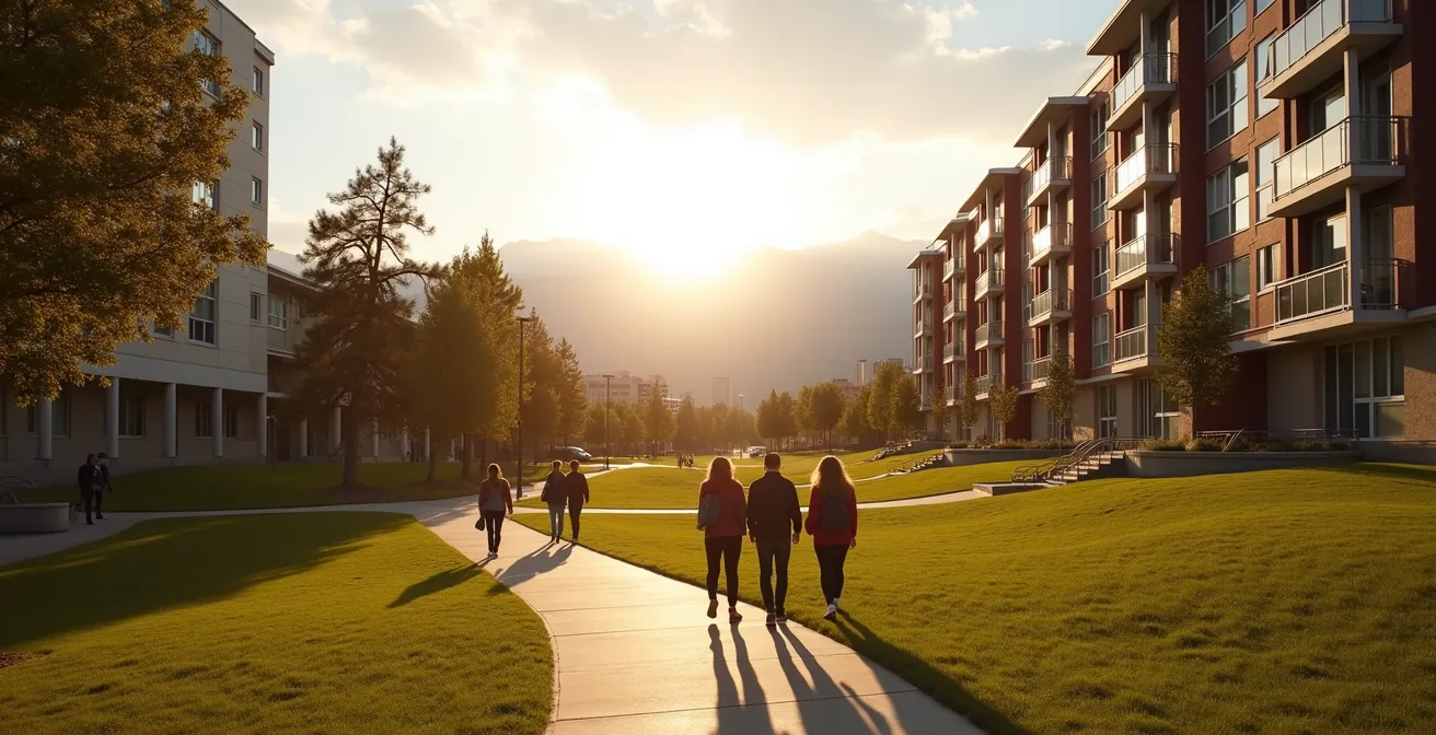 Wide shot of Calgary university campus buildings with mountains in background
