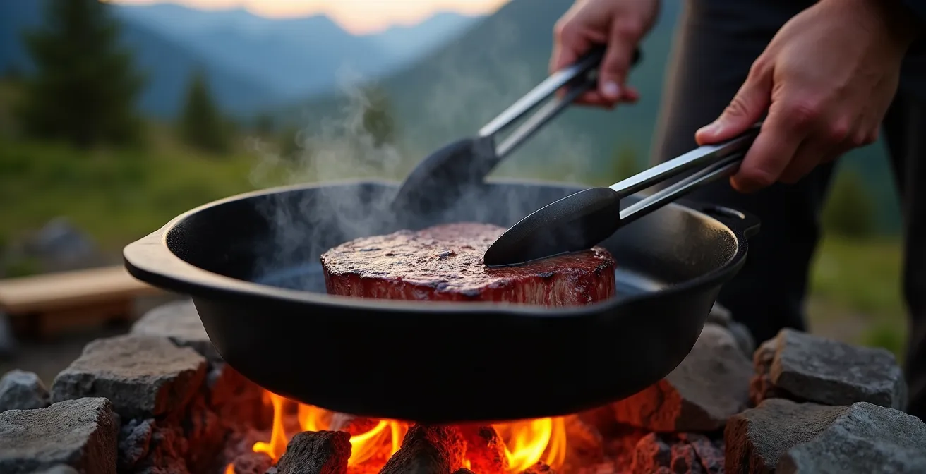 A thick-cut Alberta striploin steak searing in a cast iron pan over glowing campfire coals, with the Rocky Mountains in the background.
