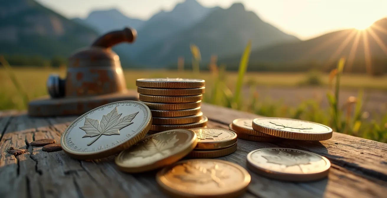 Canadian coins and bills arranged beside a rural gas pump with Rocky Mountains backdrop