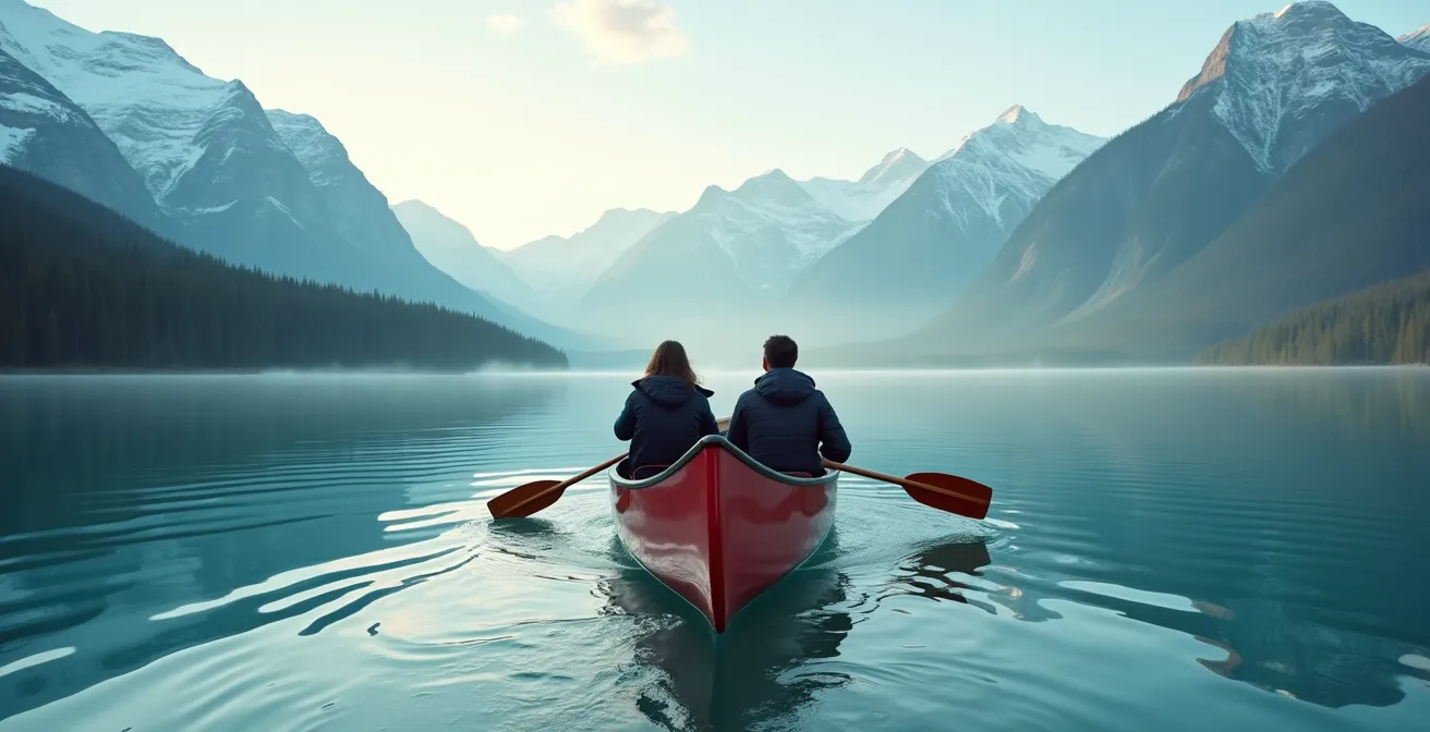 Red canoe on turquoise water with mountain reflections, shot from behind