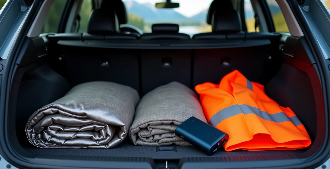 Emergency supplies arranged in car trunk with Alberta mountain highway visible through rear window