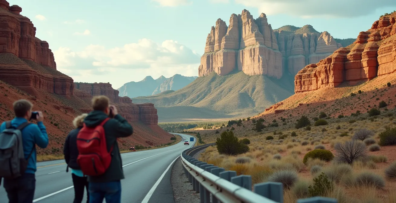 Castle Mountain's distinctive limestone and shale layers creating castle-like formations visible from highway