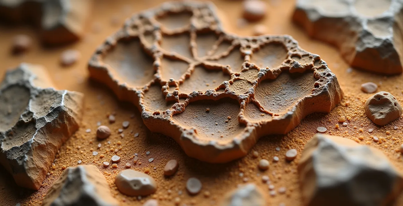 Close-up macro view of fossilized Centrosaurus bones embedded in sedimentary rock layers