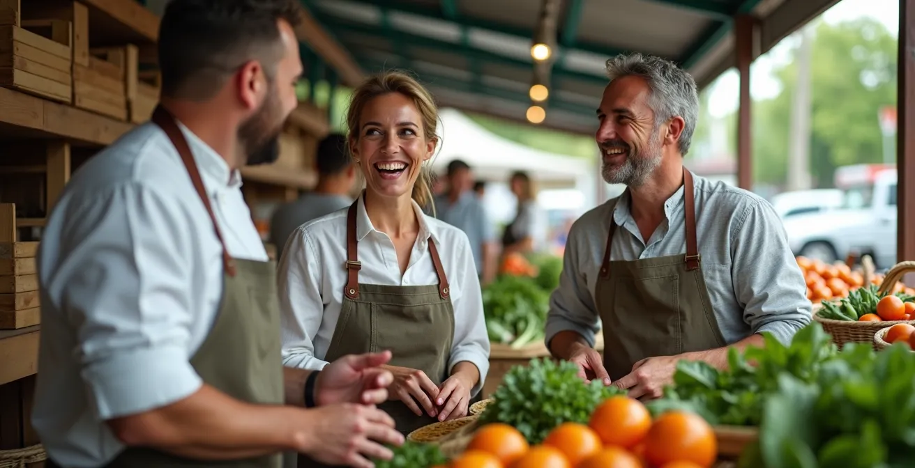 Chef discussing produce selection with local farmer at Alberta farmers market
