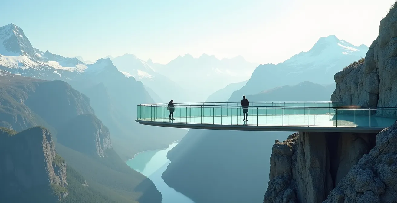 Glass-floored Skywalk platform extending over Sunwapta Valley with dramatic mountain views