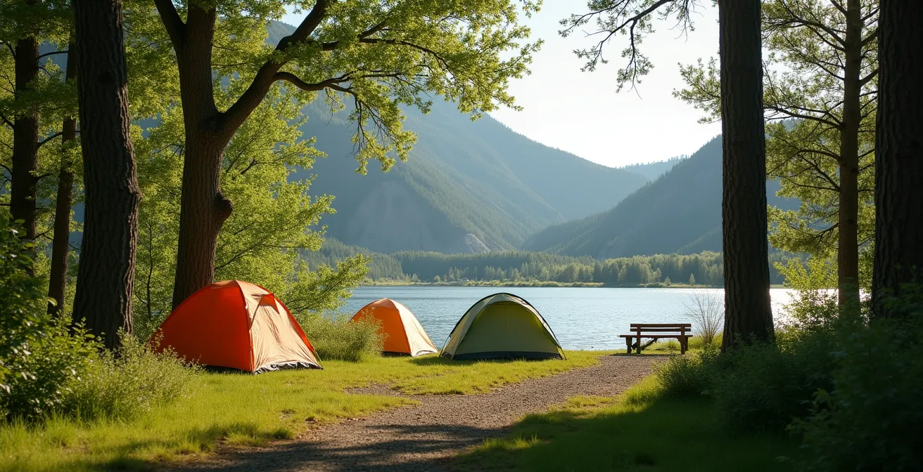 Wide shot of cottonwood trees creating shade canopy over campground area with badlands in background