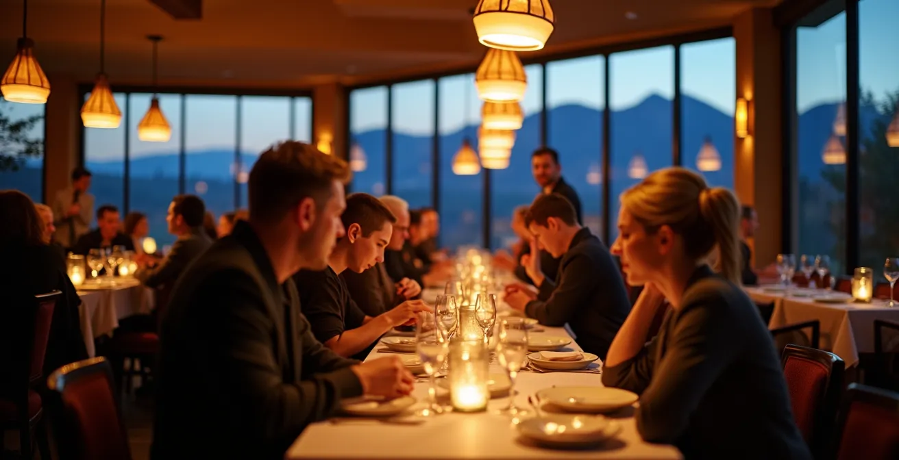 Busy restaurant interior with mountain views through windows in Banff