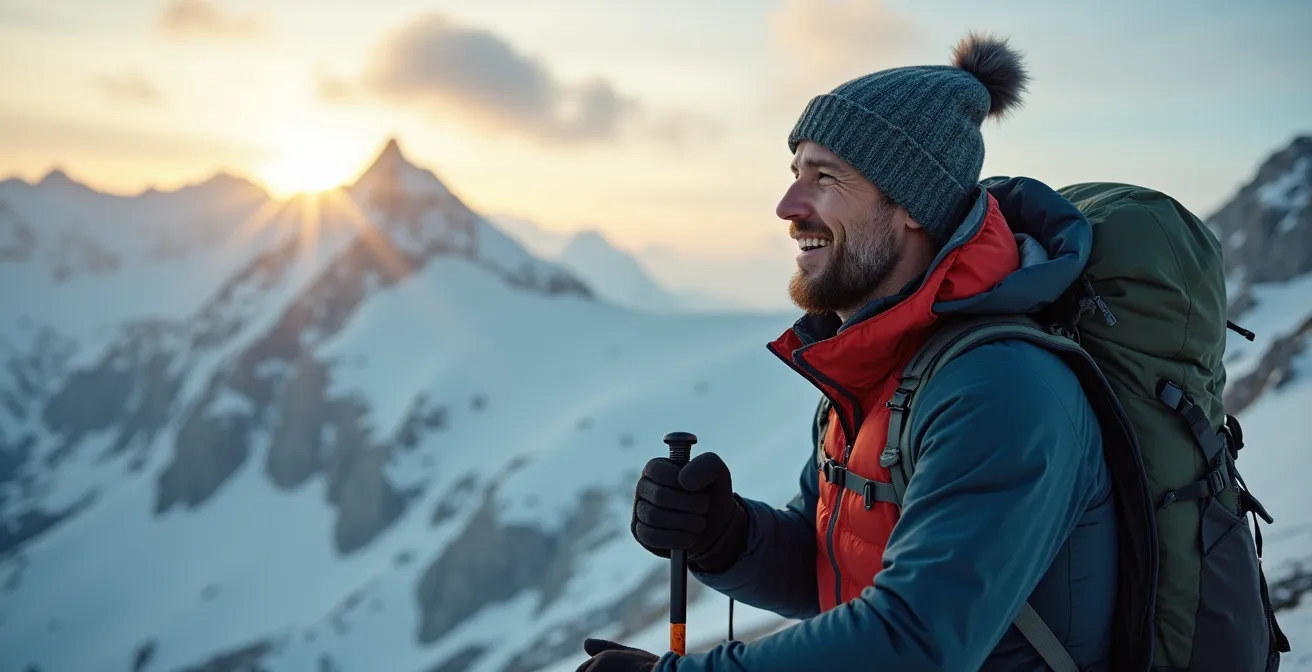Hiker at a windy mountain summit wearing a toque, gloves, and multiple visible layers, showing breath condensation in the cold air.