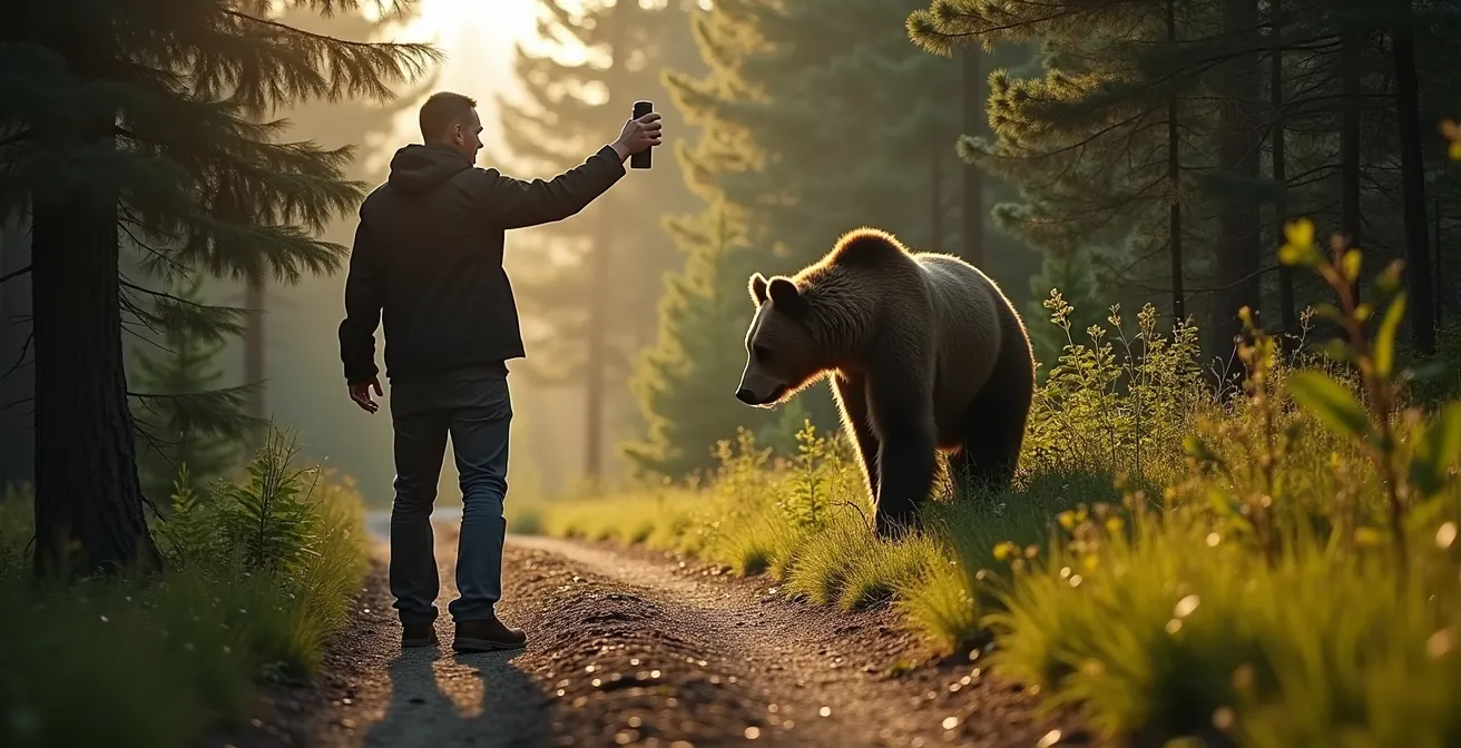 Person demonstrating proper defensive stance facing a bear showing warning signs
