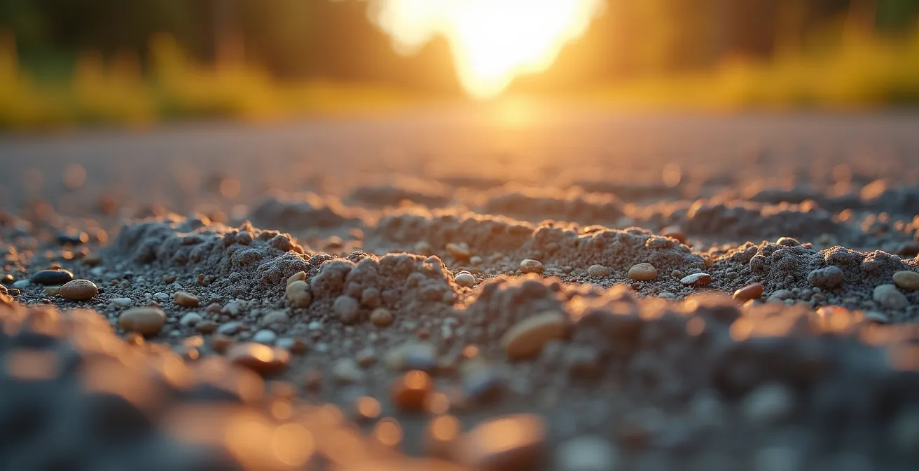 Close-up view of washboard gravel road texture in Alberta Badlands with dust cloud