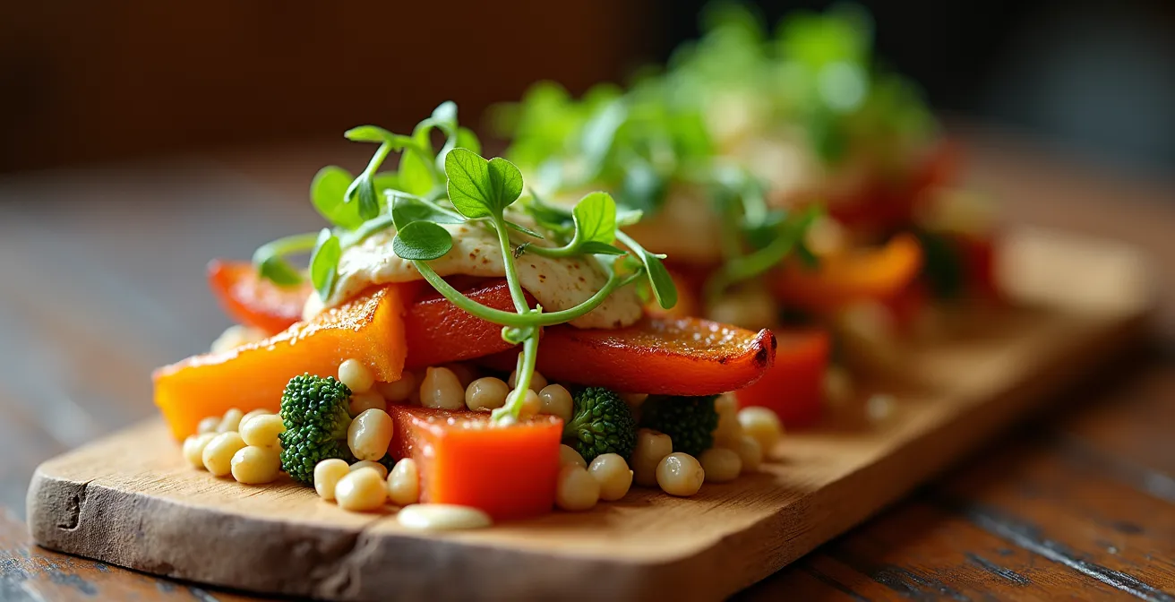 Close-up macro shot of colorful vegan fusion dishes with Alberta-grown vegetables