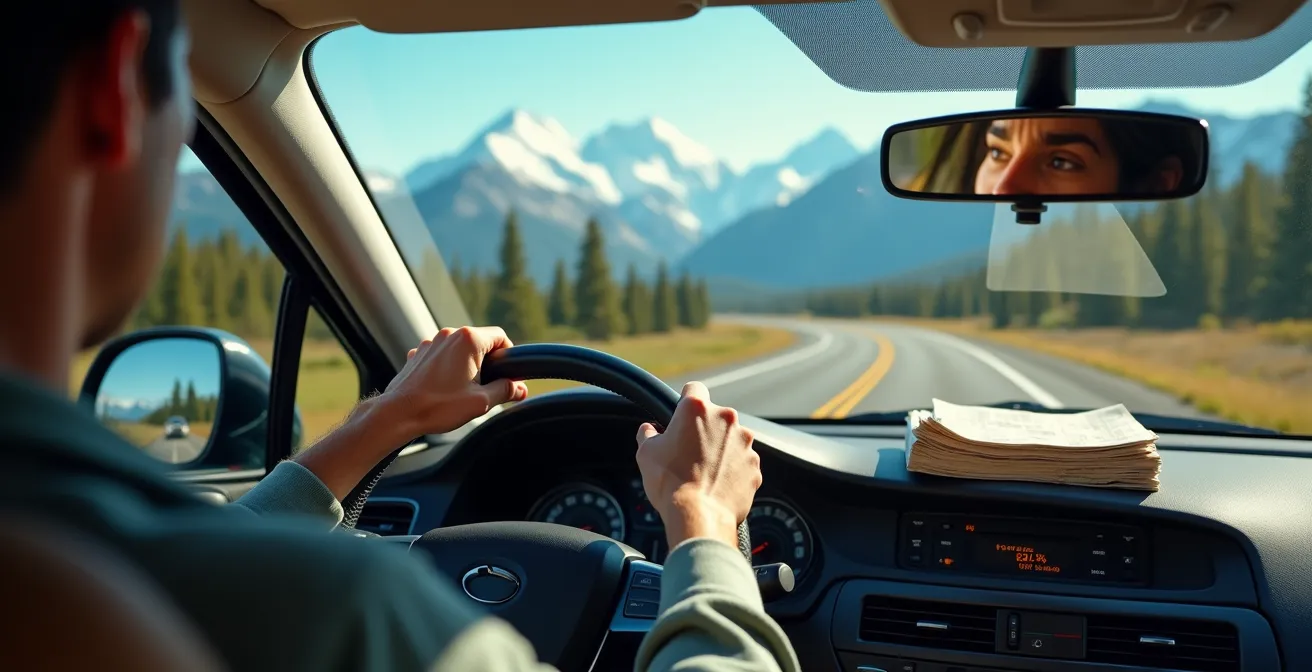 Dashboard view showing fuel gauge and mountain scenery through windshield on Icefields Parkway
