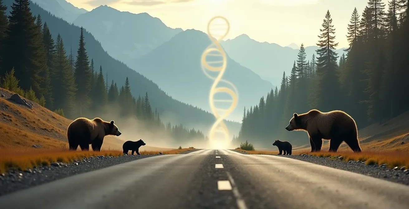 Conceptual visualization of wildlife genetic exchange across a highway barrier, with DNA streams connecting two bear families.