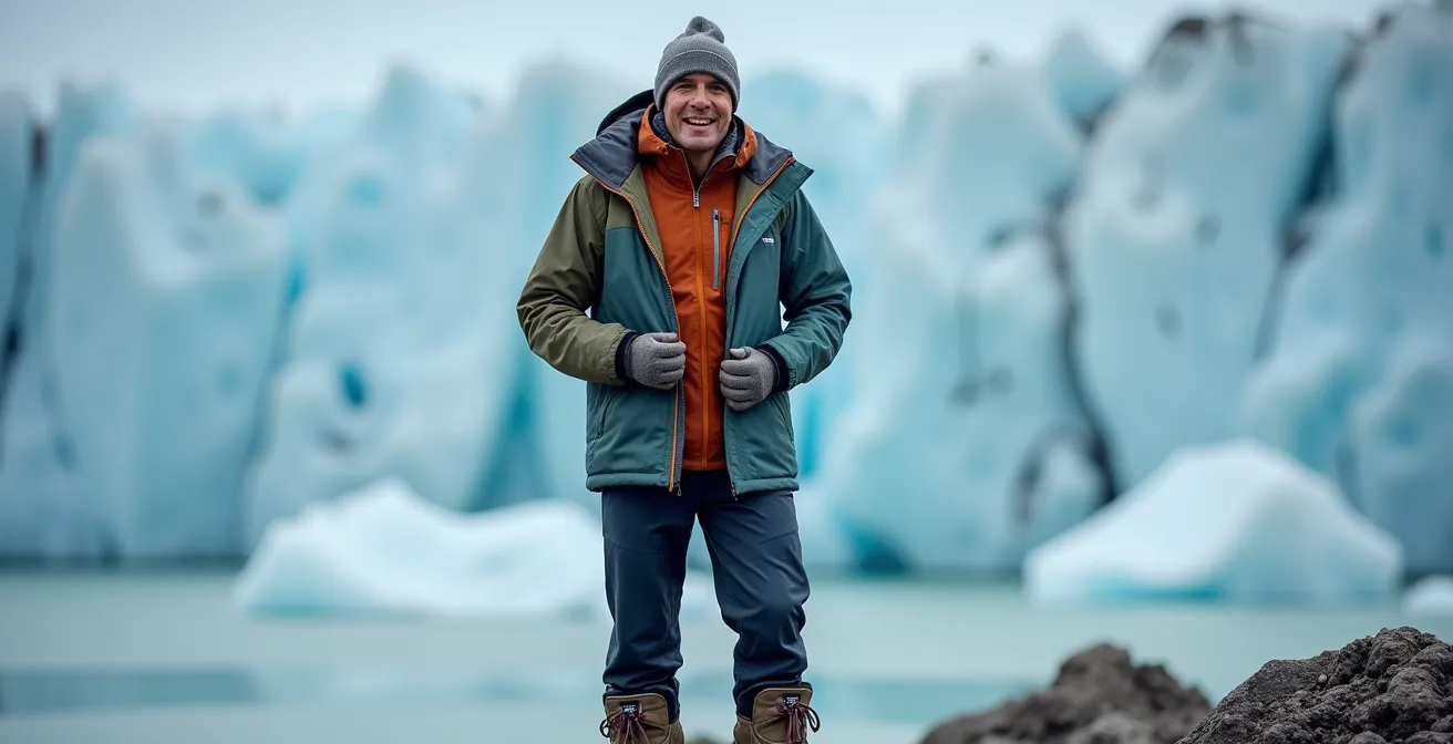 Hiker demonstrating proper layered clothing for glacier conditions with ice formations background