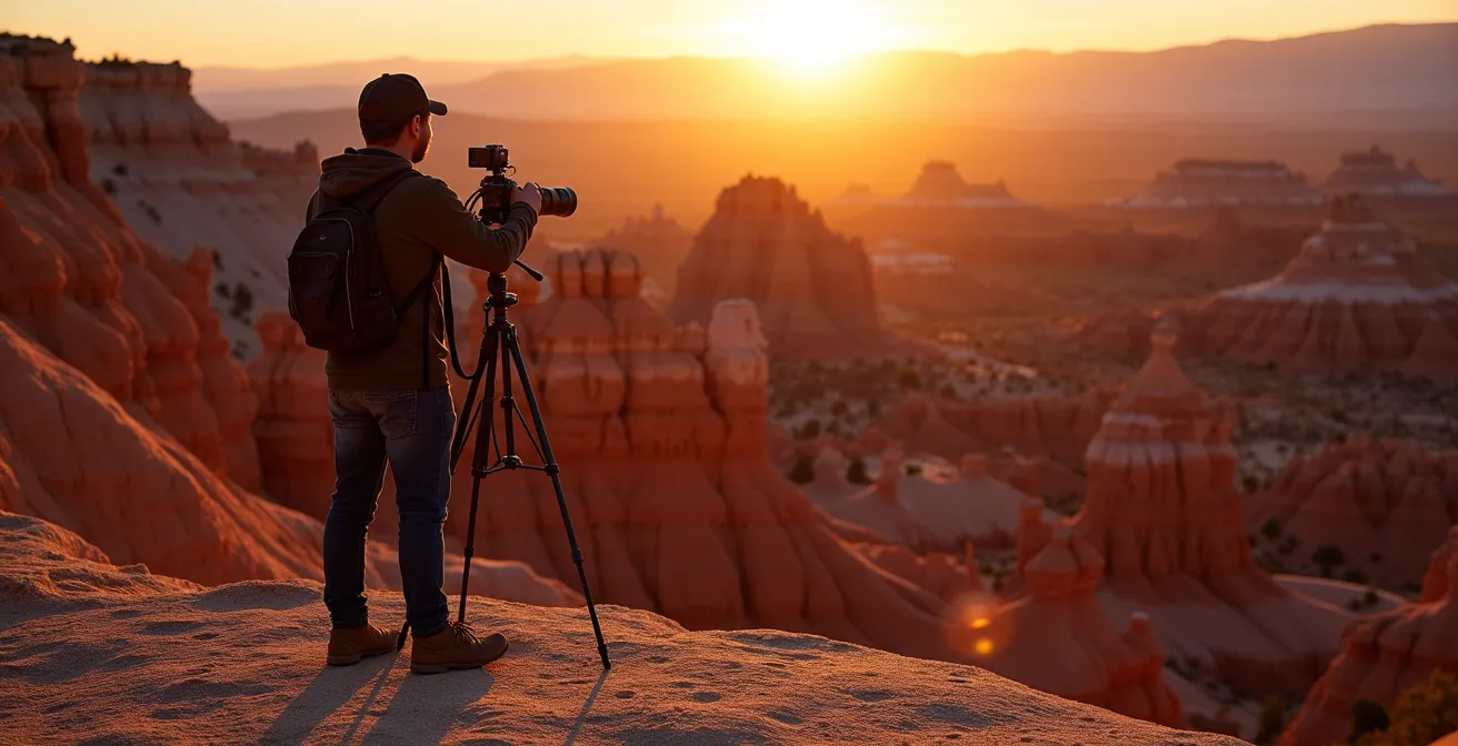 Hoodoos casting long shadows during golden hour with glowing red caprocks in Alberta Badlands