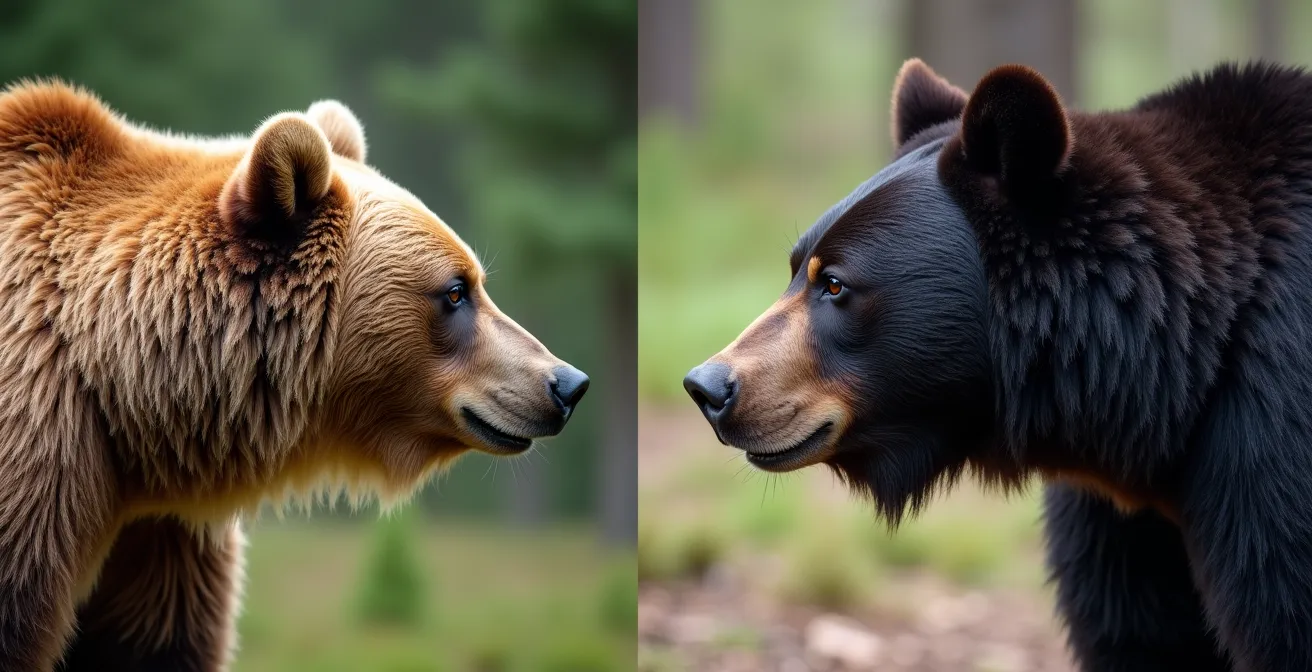 Macro detail comparison showing the grizzly bear's prominent shoulder hump versus the black bear's flat back profile.