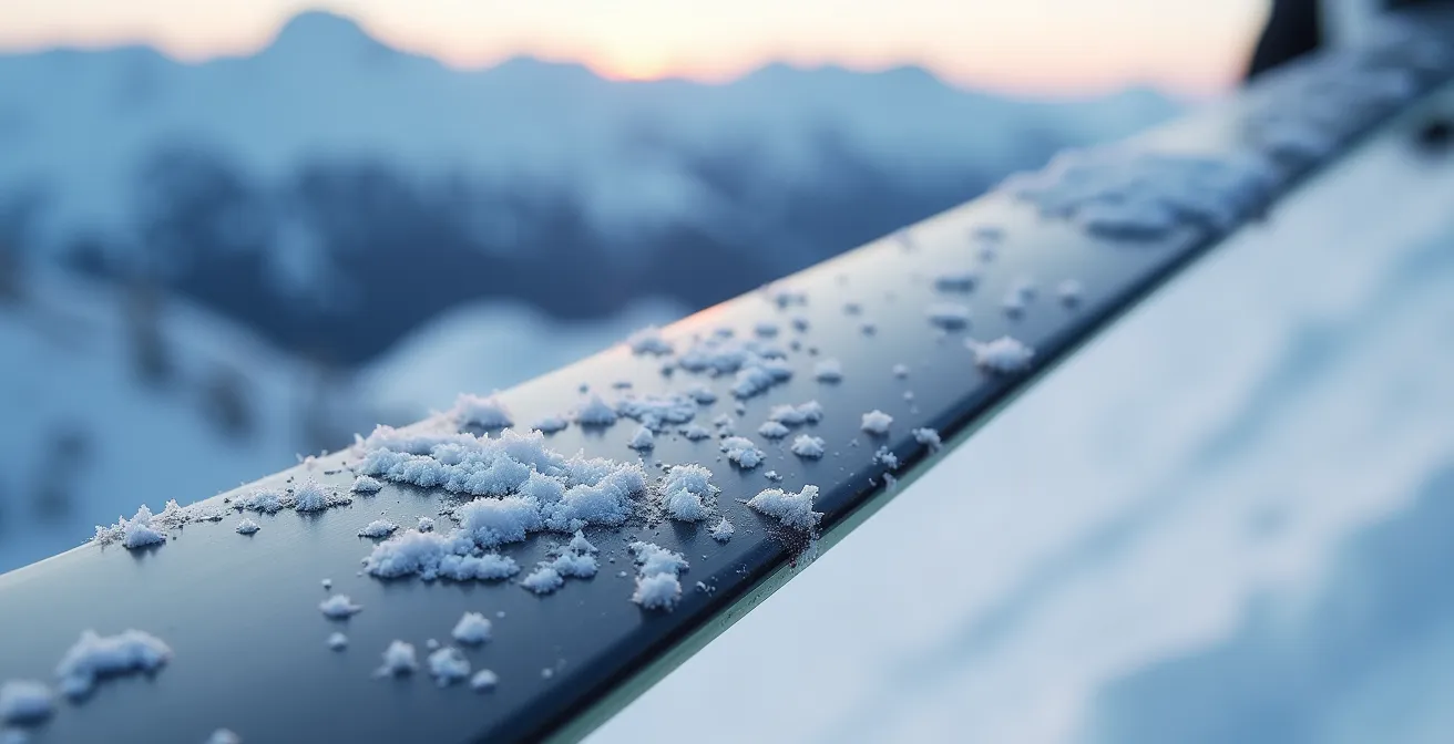 Close-up macro view of high-performance ski edge detail against snowy Alberta mountain background