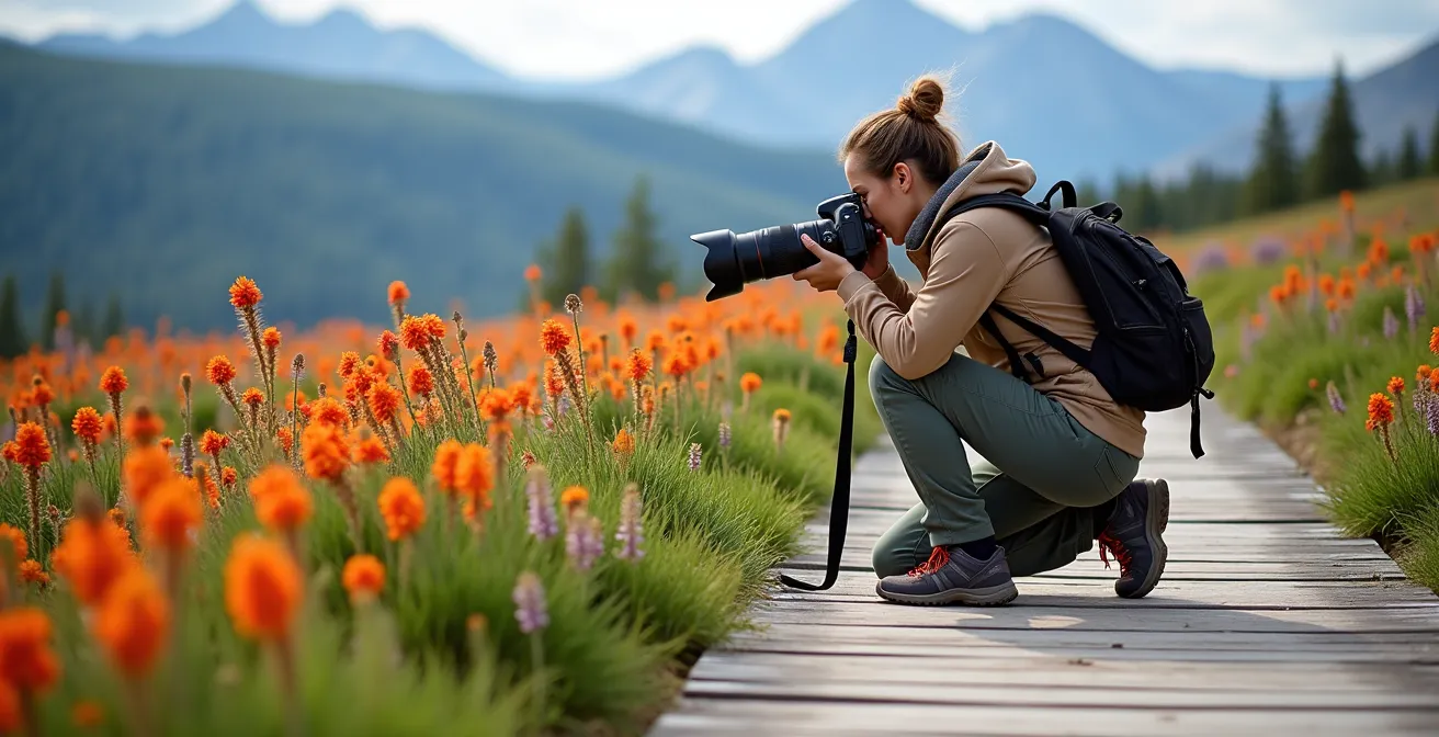 Hiker photographing wildflowers from wooden boardwalk trail in alpine meadow