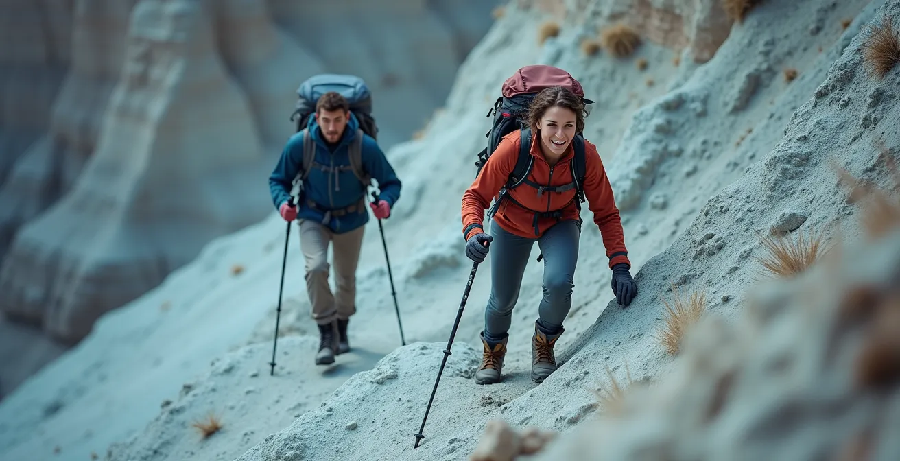 Hikers carefully navigating steep bentonite clay slopes in Horseshoe Canyon Alberta