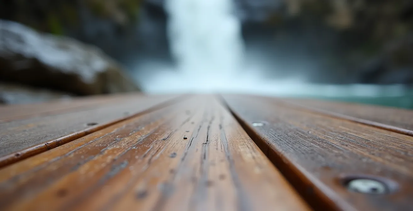 Smooth wooden boardwalk leading to waterfall viewpoint in Johnston Canyon
