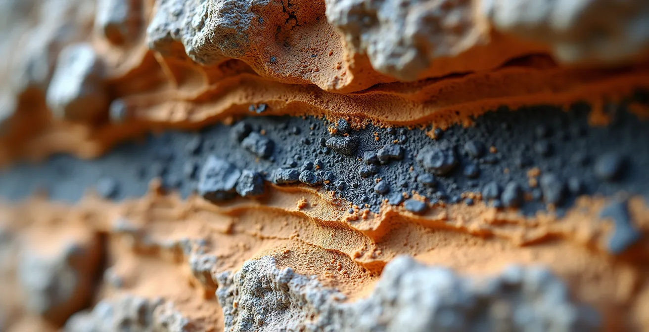 Close-up geological cross-section showing the K-Pg boundary layer in rock strata